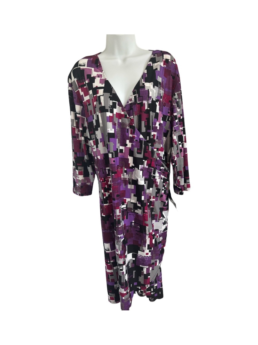 Avenue Geometric Faux Wrap 3/4 Sleeve Dress Contemporary Purple Black Size 22/24